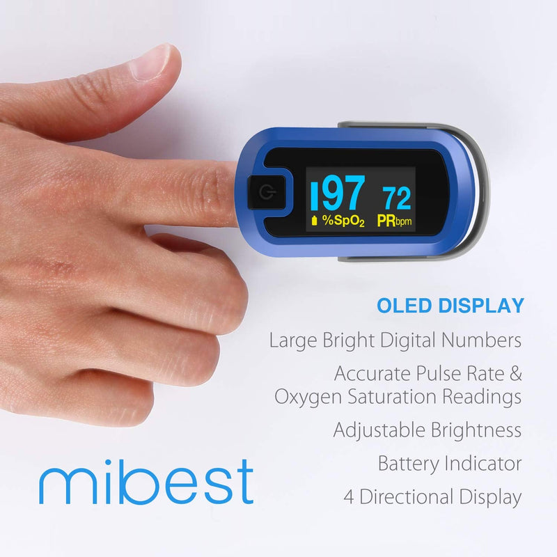 mibest OLED Finger Pulse Oximeter, O2 Meter, Dual Color White/Blue