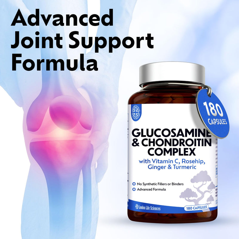 Glucosamine and Chondroitin Complex 1500mg, 180 Capsules, Up to 6 Months Supply – High Strength Joint Support with MSM, Vitamin C, Turmeric, Ginger & Rosehip | London Life Sciences