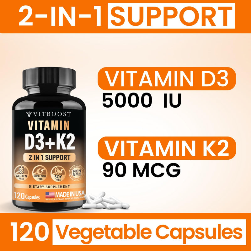 VITBOOST Vitamin D3 K2 Complex - 5000 IU (125 mcg) D3 & K2 (MK-7) 90 mcg | Easy to Swallow Vitamin D | Non-GMO | Gluten-Free | USA Made, 3rd Party Tested, 120 Capsules 120 Count(Pack of 1)