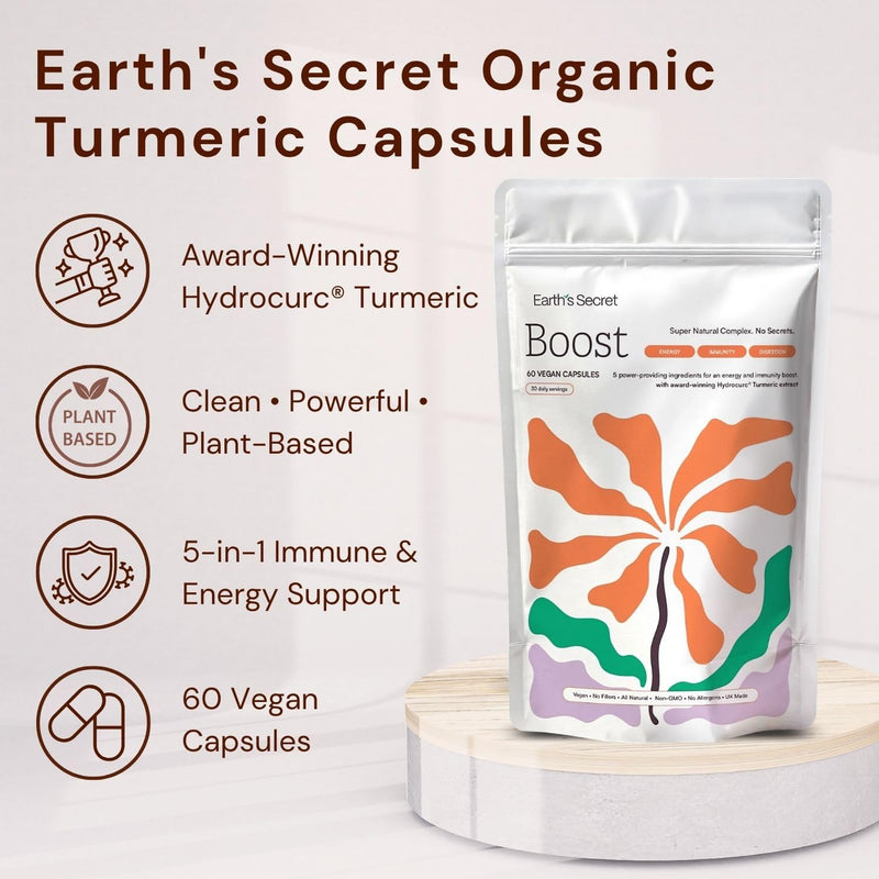 Earth's Secret Organic Turmeric Capsules - Extracted with Hydrocurc Turmeric, Spirulina, Reishi Mushroom, Black Elderberry & Ginger Root - Award Winning Supplement for Men & Women - 60 Vegan Capsules