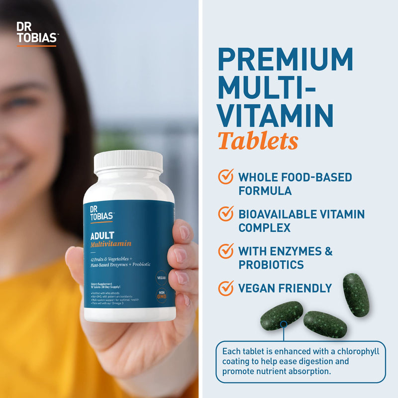 Dr. Tobias Adult Multivitamin for Women & Men 90 Count | Daily Energy & Immune Support | Vitamin Supplement with 42 Fruits & Vegetables + Probiotic + Enzymes | Vegan | 30 Servings 90 Count (Pack of 1)