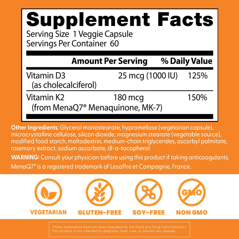 Doctor's Best Natural Vitamin K2 MK-7 Plus D3 - VIT D3 and K2 MK7 Supplement for Men & Women, Supports Tissue, Artery, & Bone Health, Non-GMO, Gluten Free, Soy Free, Vegetarian - 60 Veg Caps