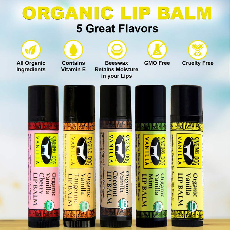 Singing Dog Vanilla USDA Organic Beeswax Lip Balm, 5-Flavor Variety Pack - Vanilla, Cherry, Coconut, Mint, Tangerine - Vitamin E, Grade A Vanilla, 0.15 oz each