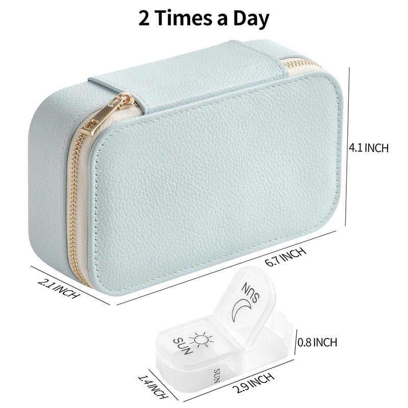 Genuine Leather Travel Pill Organizer Box Case 2 Times a Day for Purse for Women, Cute Medicine Pill Holder Containers for Vitamin Medium Weekly Daily 7 Day Am Pm Pill Organizer(Cyan) Nappa Leather Cyan