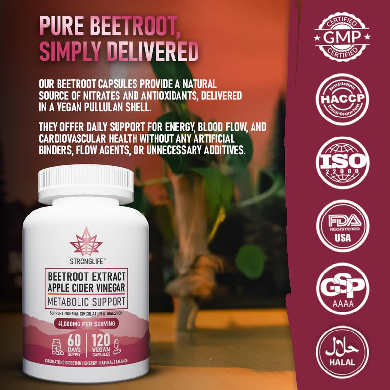 Beetroot Capsules for Men & Women – 40000mg High Strength Extract – Blood Flow, Endurance & Energy Support – 120 Vegan Capsules – 60 Day Supply