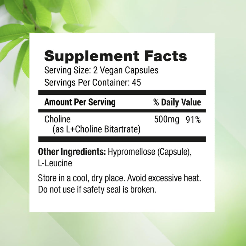 Nested Naturals Choline Bitartrate 500mg Per Serving - High Potency Choline Supplements - Supports Cognitive Performance & Liver Function - 100% Vegan & Non-GMO Choline - 90 Vegan Capsules 90 Count (Pack of 1)