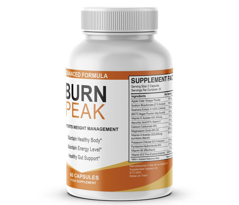Burn Peak Advanced Formula – Weight Management & Metabolism Support Supplement – Apple Cider Vinegar, Guarana & Vitamins B2, B12 – Energy & Gut Health Support – 60 Capsules – Made in UK