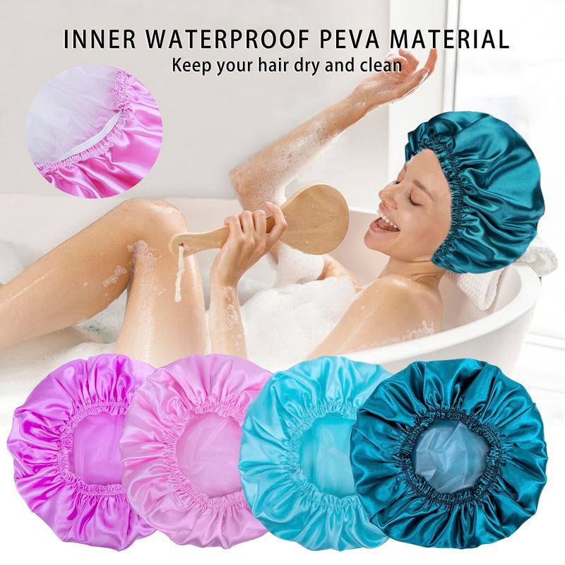[Australia] - Shower Caps for Women, 4 PCS Elastic and Reusable Bath Caps, Double Waterproof Layers Shower Cap, Bathing Shower Caps, Environmental Protection Hair Bath Hat - Solid Color Solid Color 4 PCS/Set 