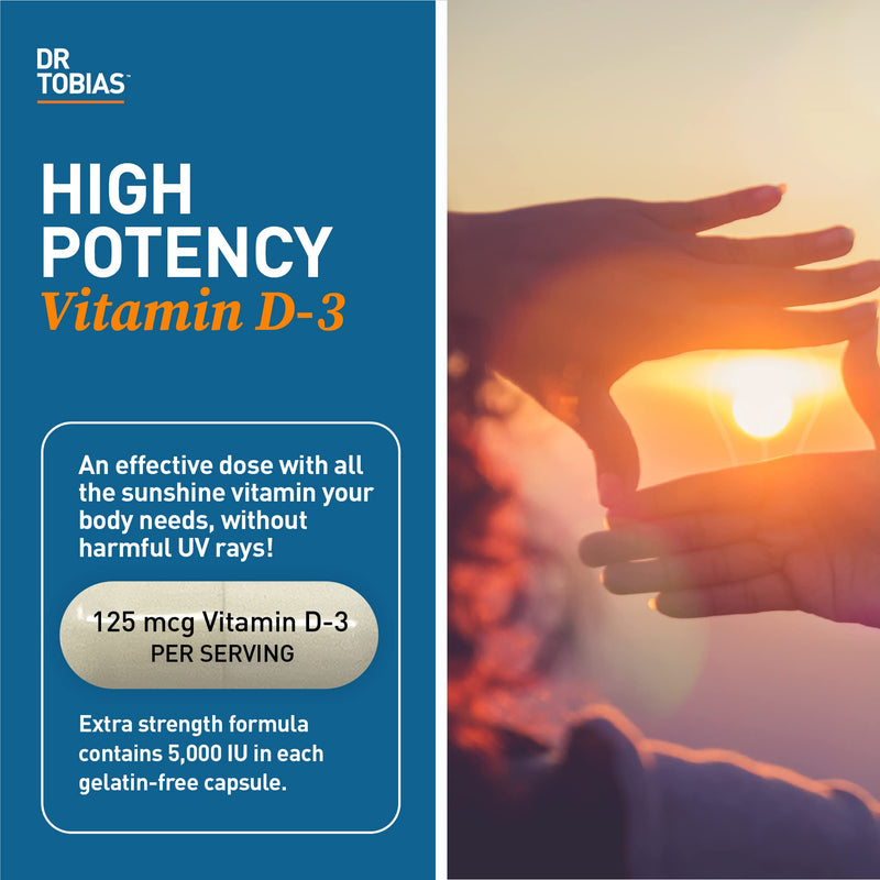Dr. Tobias Vitamin D3 5000 IU 90 Capsules | Extra Strength Vitamin D | Bone, Teeth & Immune Support | 5,000 IU Vitamin D3 | Gelatin-Free & Non-GMO | 90 Servings 90 Count (Pack of 1)