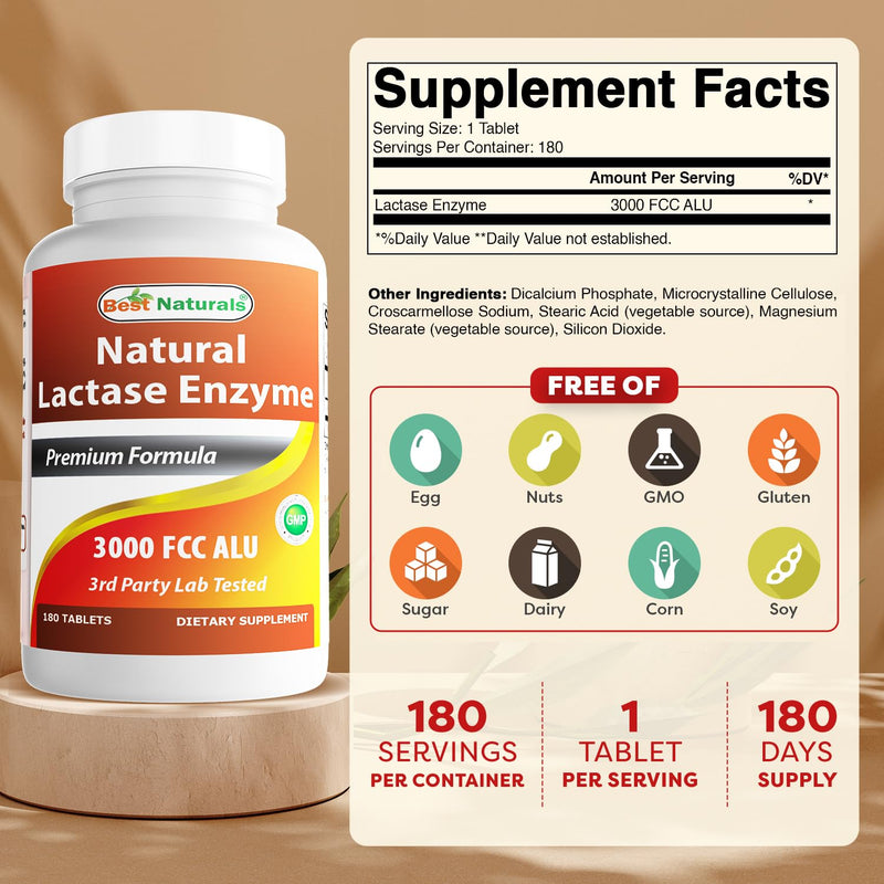 Best Naturals, Fast Acting Lactase Enzyme, 3000 FCC ALU, 180 Tablets (180 Count (Pack of 2))