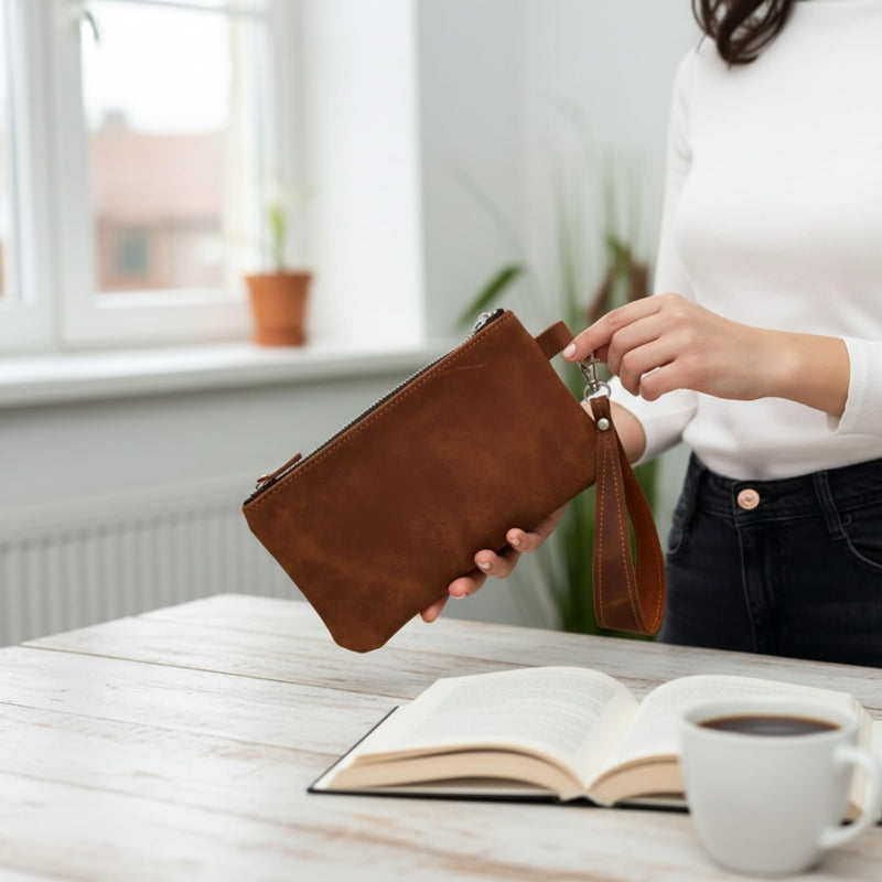 Leather Cosmetic Pouch - Genuine Leather Makeup Bag with Detachable Wrist Strap, Zipper Makeup Bag, Small Travel Toiletry Case, Warm Brown