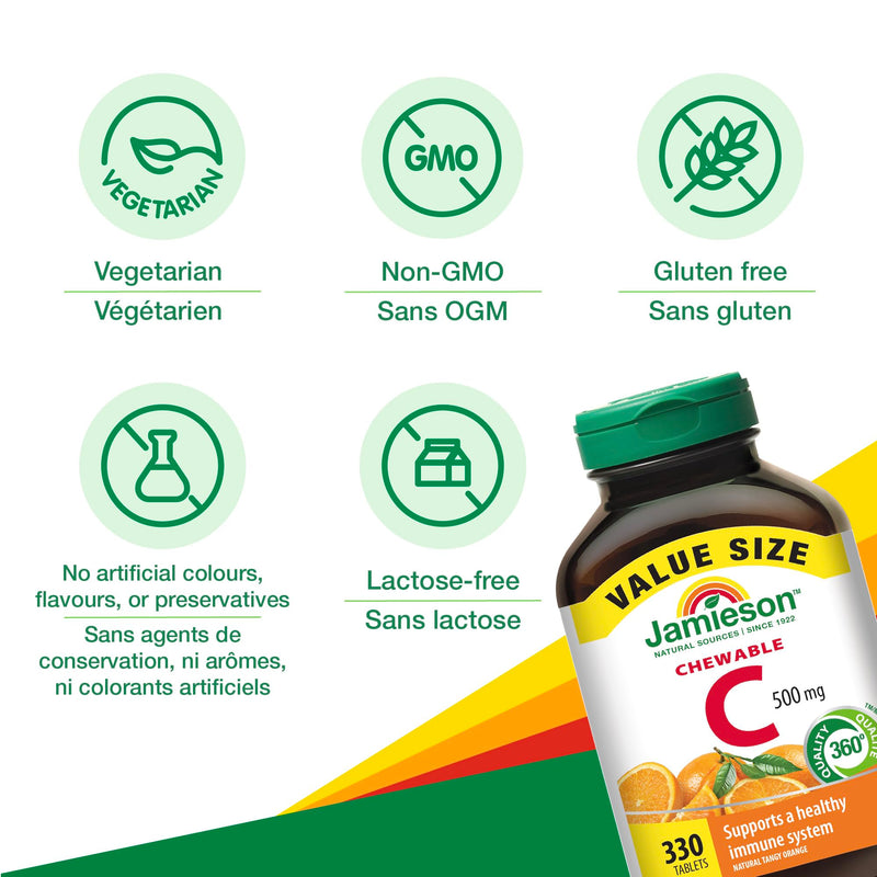Jamieson Chewable Vitamin-C 500mg Value Supplement Pack(330 Count), Tangy Orange, (Imported from Canada)