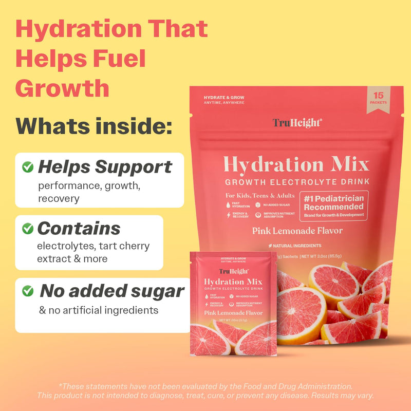 TruHeight Hydration Packets (Pink Lemonade) Kids, Teens & Adults Fast Hydration, Energy & Recovery - Dehydration Relief Electrolytes Powder Packets for Athletes - Sugar Free, Zero Calorie, Non-GMO