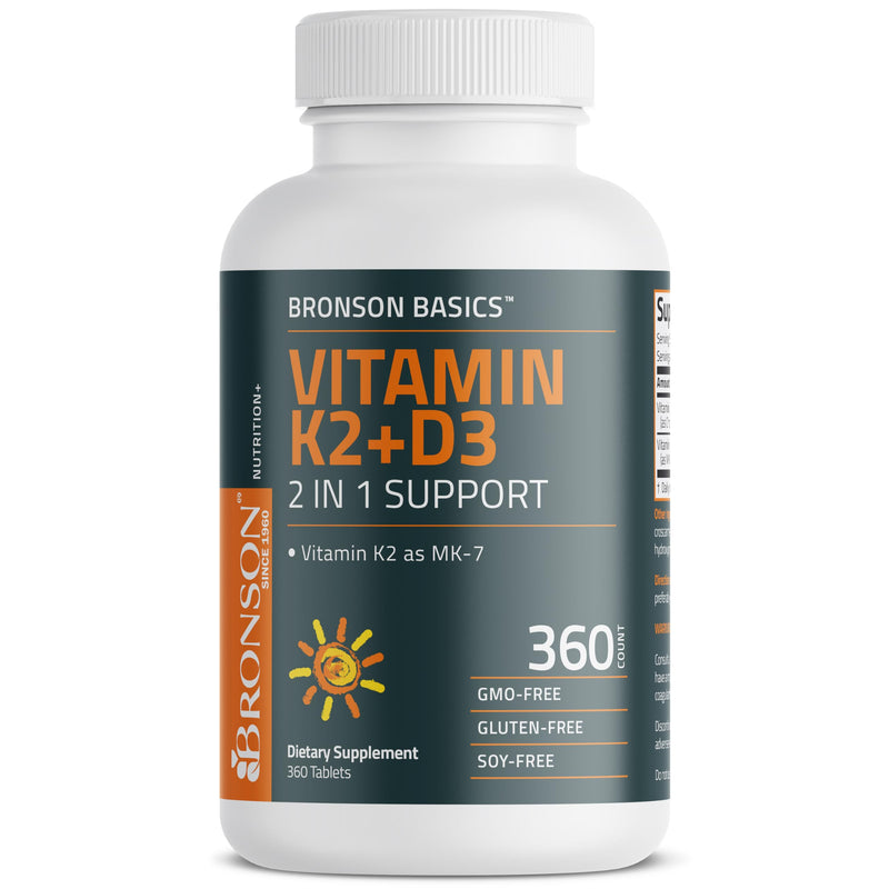 Bronson Vitamin K2 D3 (MK7) Supplement 2-in-1 D3 & K2 Complex, 360 Tablets | Bone, Immune & Heart Health Support, Gluten-Free, Soy-Free, Non-GMO, Vitamin D3 5000 IU (125 mcg) & 90 mcg K2 MK-7 360 Count (Pack of 1)