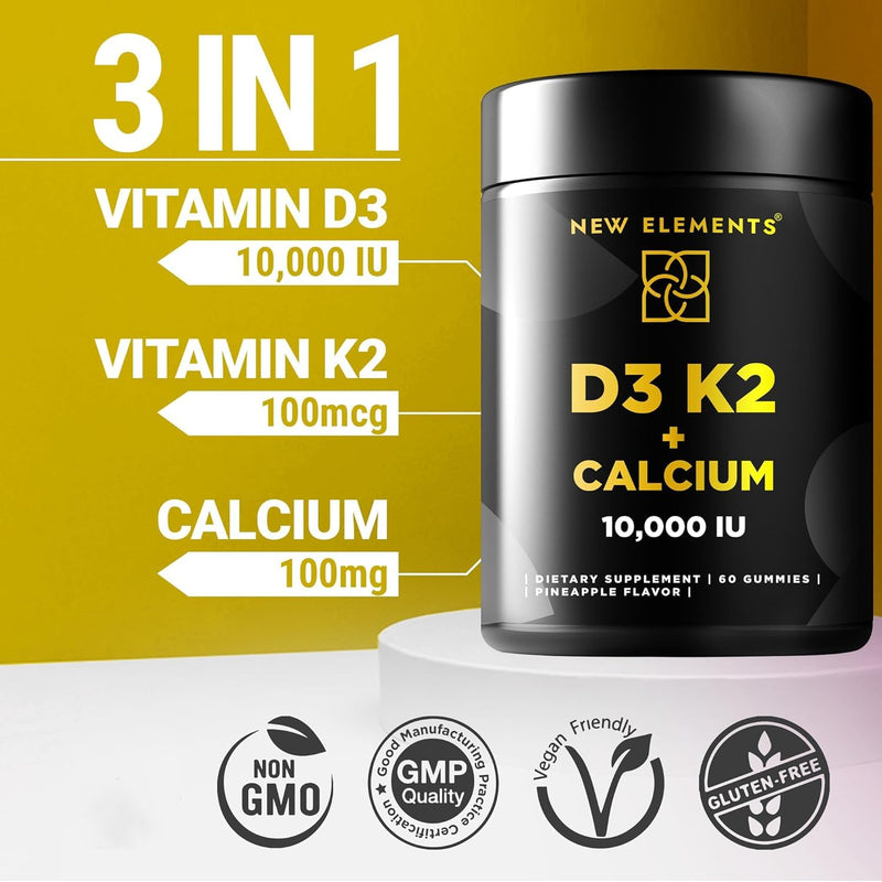 New Elements Vitamin D3 K2 Gummies 10000 IU with Calcium 100mg - VIT D3 for Adults - Mk7 Vitamin K2 100mcg - Vitamin D Supplement for Men & Women - Vegan Gluten Free Non-GMO 60 Count (Pack of 1)