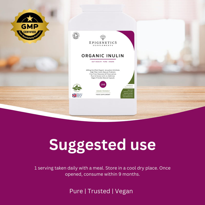 Inulin (Jerusalem Artichoke) | 400mg Organic Jerusalem Artichoke Prebiotic (Inulin) | 180 Vegan Friendly Capsules UK Made | 1 Capsule Daily (6 Month Supply)