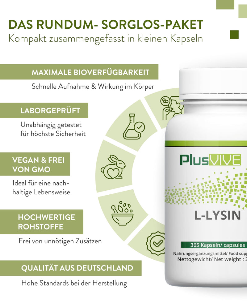 [Australia] - PlusVive L-Lysine capsules high dosage I 1x 365 capsules I 500mg L-Lysine Hcl per capsule I Essential amino acid I From plant-based fermentation I Vegan & laboratory-tested dietary supplement 