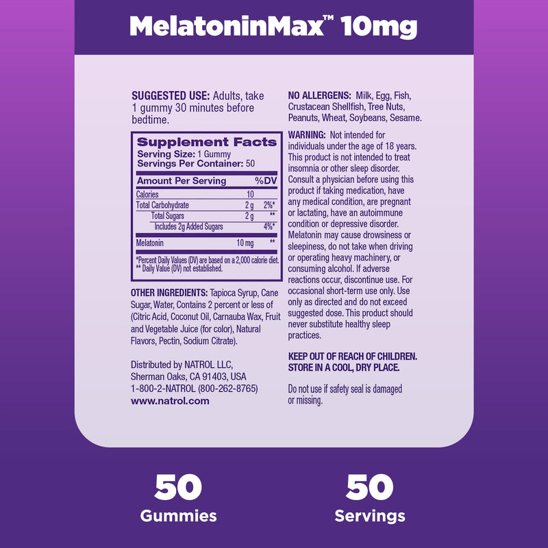 Natrol MelatoninMax(TM) Sleep Gummy Nighttime Sleep Aid for Occasional Sleeplessness, Blueberry Flavor, 10 mg, 50 Count, 50 Day Supply 50 Count (Pack of 1)