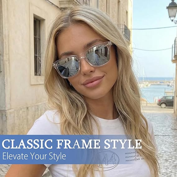 [Australia] - Myiaur Fashion Sunglasses for Women Polarized Driving Anti Glare 100% UV Protection Stylish Design Transparent Frame/Silver Mirror Polarized Lens 