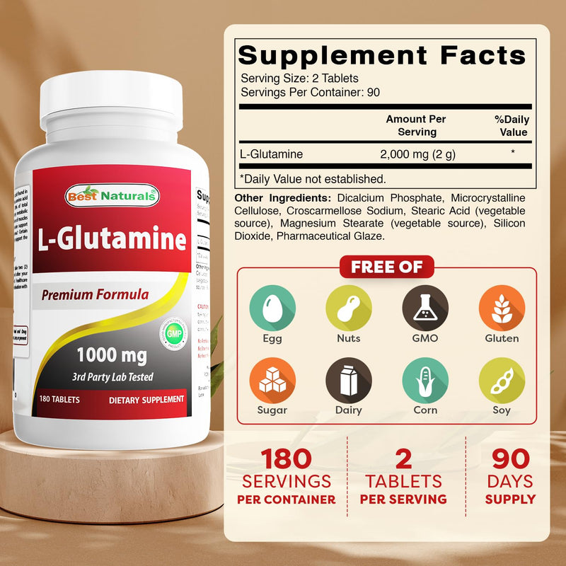 Best Naturals L-Glutamine 1000 mg 180 Tablets (180 Count (Pack of 3)) 180 Count (Pack of 3)