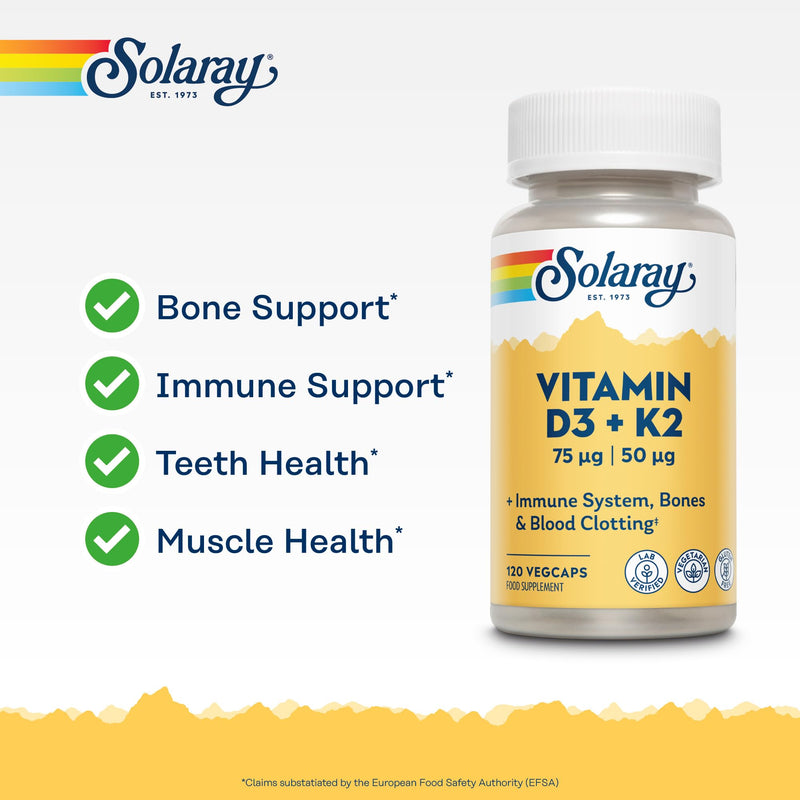Solaray Vitamin D3 3000 IU and K2 50mcg - 120 Vegetarian Capsules - High Strength Vitamin D and K for Immune, Bone & Muscle Support - 4 Month Supply - Lab Verified