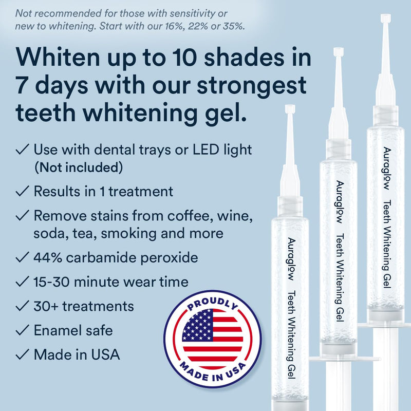 Auraglow 44% Teeth Whitening Gel for Trays, Retainers & Aligners – Dentist Strength Carbamide Peroxide Whitener, 30 Treatments, 3 Syringes (5mL) Mint 0.5 Fl Oz (Pack of 1)
