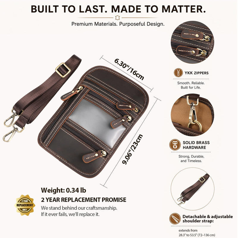Full Grain Leather Neck Wallet, RFID Blocking Passport Travel Pouch, Coffee | Crazy Horse Cowhide, YKK Zipper & Brass Hardware, 3-Way Strap, Multi-Pocket Organizer, Detachable & Adjustable Shoulder Strap Dark Brown