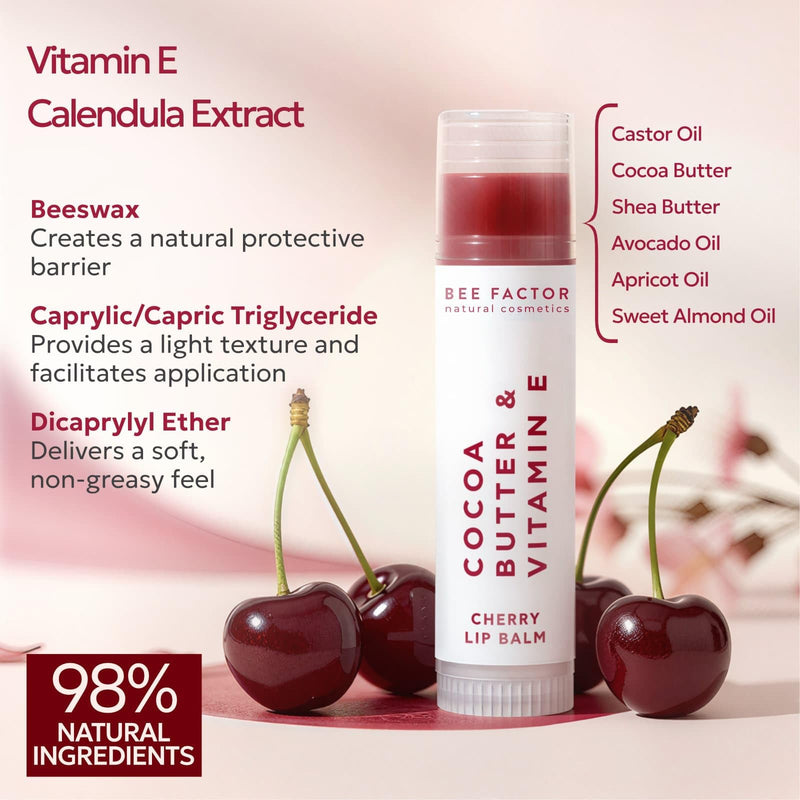 Bee Factor Cherry Lip Balm with Cocoa Butter, Shea Butter & Vitamin E – Subtle Pink Tint – Natural Hydration & Nourishment – 99% Natural – No Parabens – 5ml