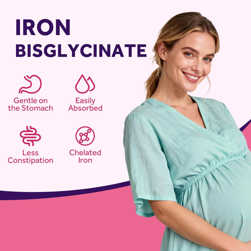 Doctor's Recipes Iron Supplement for Pregnant Women, Chelated Iron Bisglycinate, with Vitamin C for High Absorption, Gentle, Red Blood Cell Production Support, 60 Vegan Caps