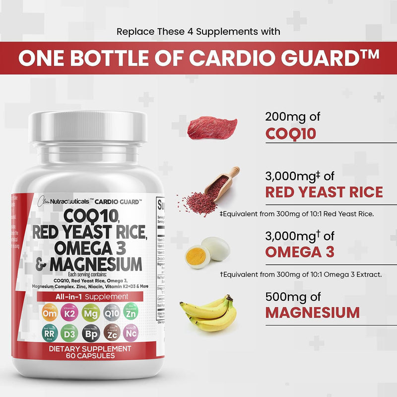[Australia] - COQ10 200mg Red Yeast Rice 3000mg Omega 3 3000mg Magnesium Complex 500mg Niacin Zinc Vitamin K2 D3 - Heart Health Support Vitamins for Women and Men with Vitamin B3, Coenzyme Q10-60 Ct 