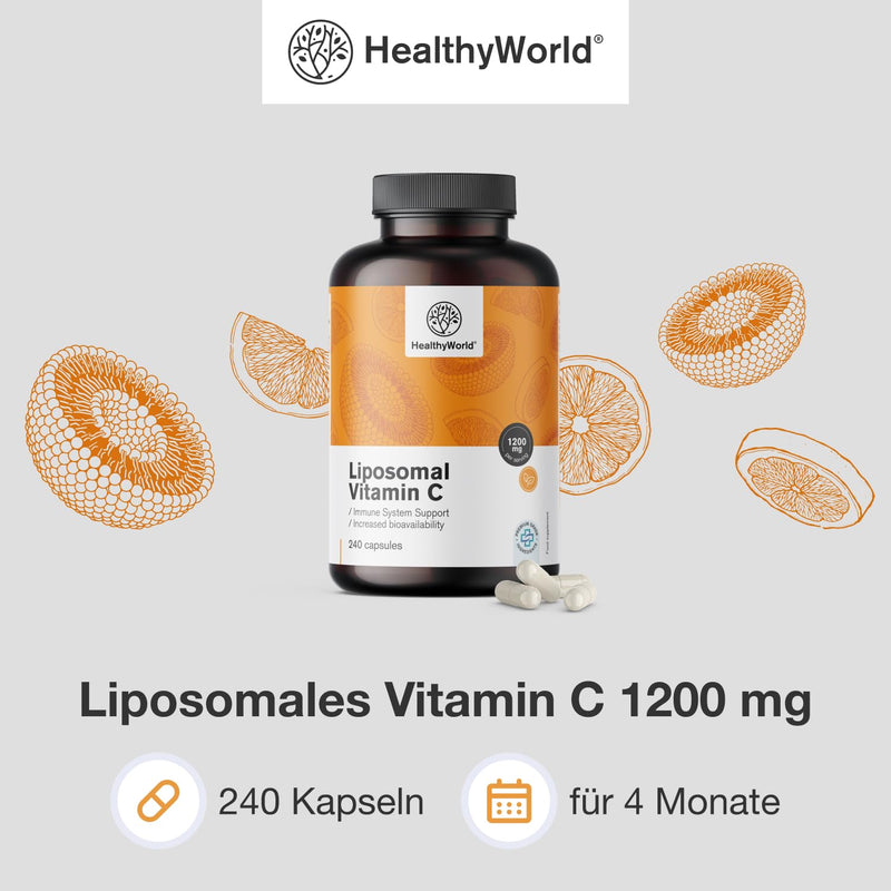 [Australia] - HealthyWorld Liposomal Vitamin C - 240 plant capsules - 1200 mg vitamin C per day - with rose hips and sunflowers - phospholipid complex - 4 month supply - high bioavailability 