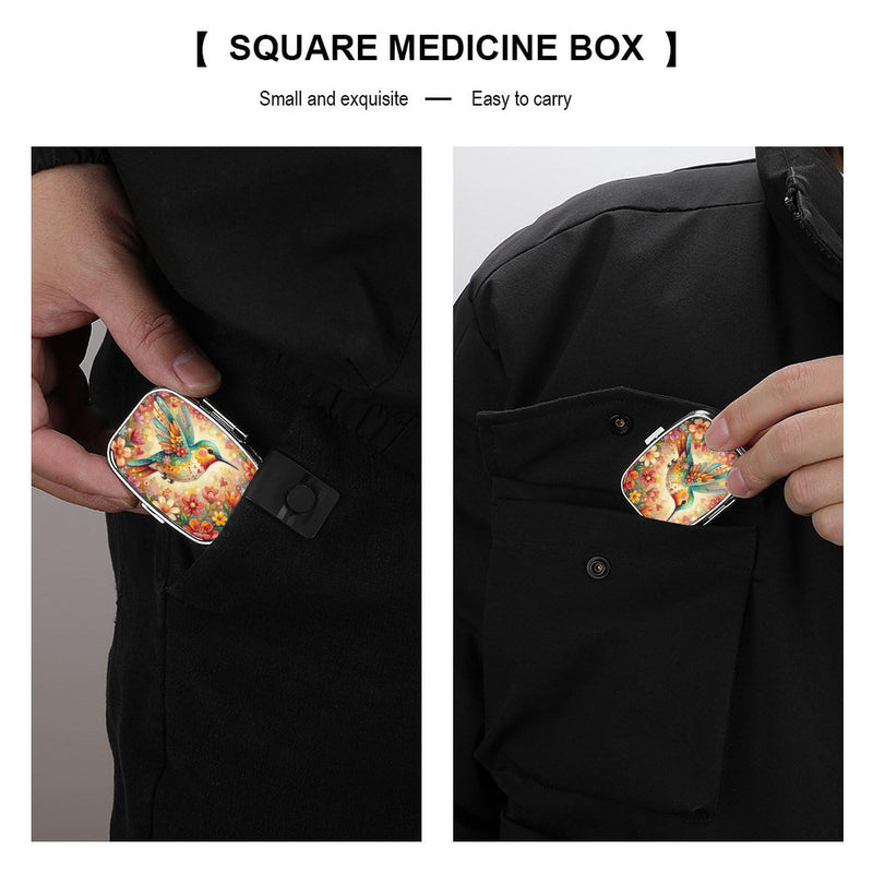 Metal 2 Compartment Pill Organizer Travel Friendly Portable Compact Pill Box Cute Pill Case,for Pocket Wallets Daily Portable Medicine Vitamin Tablet Storage (Painted Birds) Painted Birds