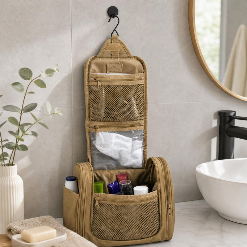 Hanging Toiletry Bag for Men, Mens Travel Toiletry Bag Dopp Kit with Hook | Large Tactical Toiletry Bag,Dry & Wet Pockets,Shower Bag for Toiletries,Travel Hygiene Shaving Bathroom Organizer Bag Khaki