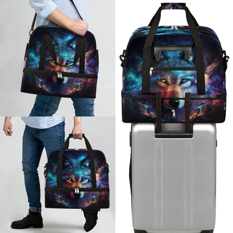 Wolf Large Travel Duffel Bag for Women Men Gym Bag With Shoe Compartment | Animal Galaxy Weekender Overnight Bags Foldie Travel Tote Bag Carry On Personal Item Bag for Travel Hospital Gym Sport B color 13