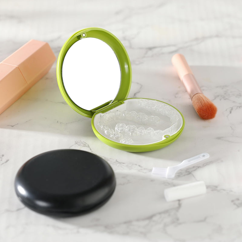 [Australia] - 2 PCS Retainer Cases, Mouth Guard Case with Mirror, Compatible with Invisalign,Retainer Removal Tool, Chewy, and Brush (1PCS Green White+1PCS Black Purple) 