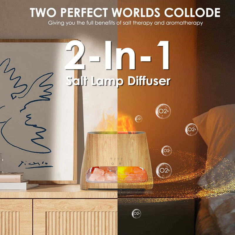 [Australia] - SALKING 2-in-1 Aroma Diffuser & Salt Range Pakistan Light, Flame Effect Diffuser for Essential Oils, Diffuser Cool Mist Humidifier with 3 Brightness, 150ml Wood 