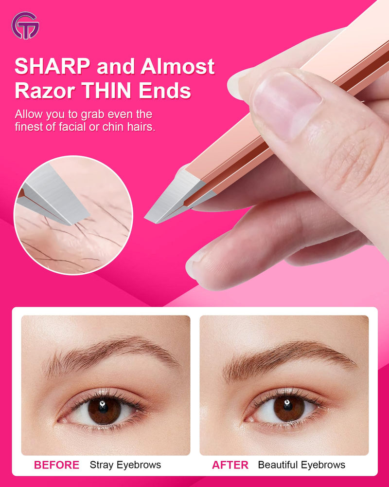 Expert Slant Tip Tweezers with Leather Case, GlamTweeler Sharp & Precision Stainless Steel Tweezer for Eyebrows, Facial Hair and Fine Hairs Removal (Rose Gold) Rose Gold