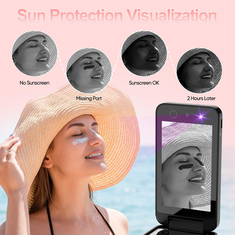 UV Camera for Sunscreen Test UV Mirror Sunscreen Camera, 4 Inch Vanity Mirror Rechargeable Compact Travel Makeup Mirror Handheld Double-Sided Pocket Mirror for Skin Protection(Dark Black) Dark Black