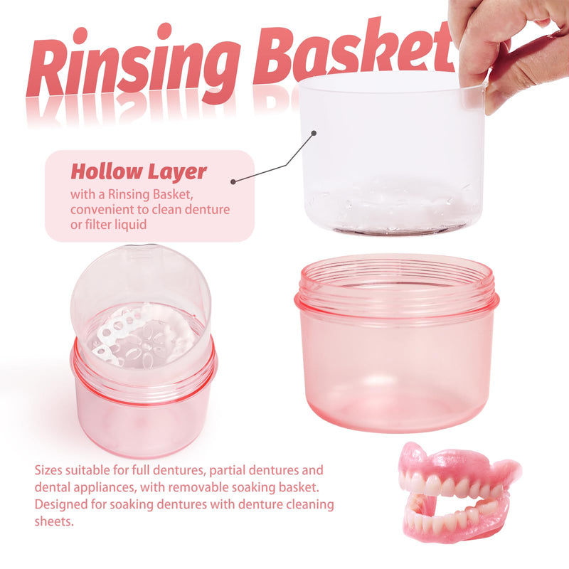 [Australia] - 2024 Leak Proof Denture Bath Cup Large Denture case Retainer Cleaning Box for Travel, Complete Clean Care for Dentures,Denture Holder for Soaking (transparent pink) 