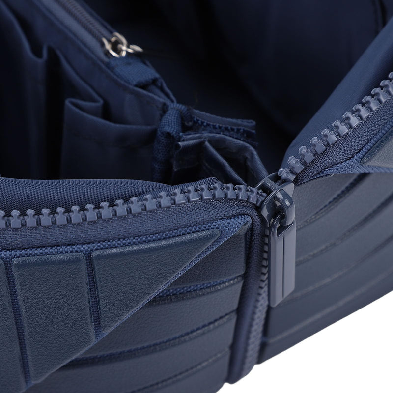 Vikye Foldable Makeup Bag, Large Capacity Flat Open Travel Cosmetic Case Zippered Toiletry Organizer with PU Leather and Canvas, for Skincare Navy Blue