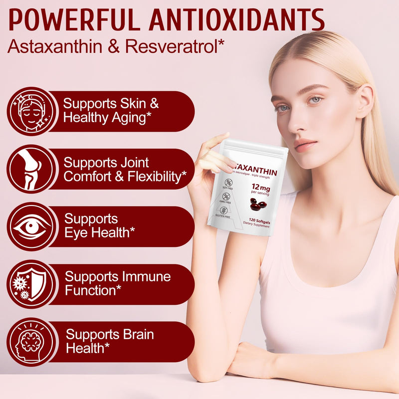 Astaxanthin 12mg 120 Capsules (4 Months Supply) | Triple Strength Antioxidant from Haematococcus Pluvialis, Supports Eye Skin Joint Heart Health | Non-GMO & Gluten Free