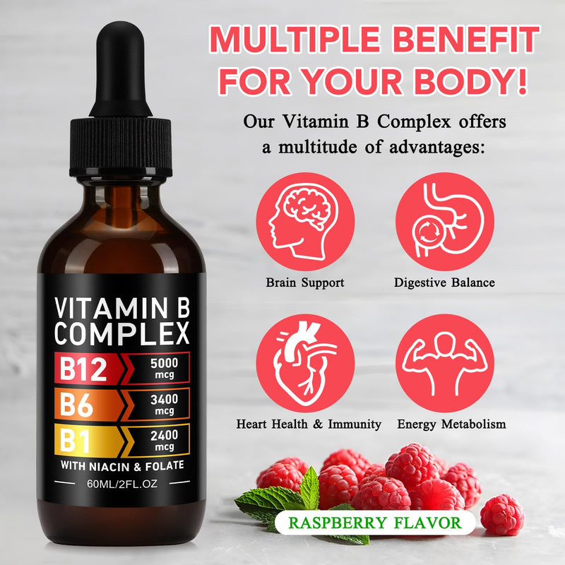 Vitamin B Complex Liquid Drops, 60ml | with Vitamin B12, B6, B1 and Folate, for Metabolic Health Support, Immune Support, Energy Levels, Brain Heart Function, for Men & Women
