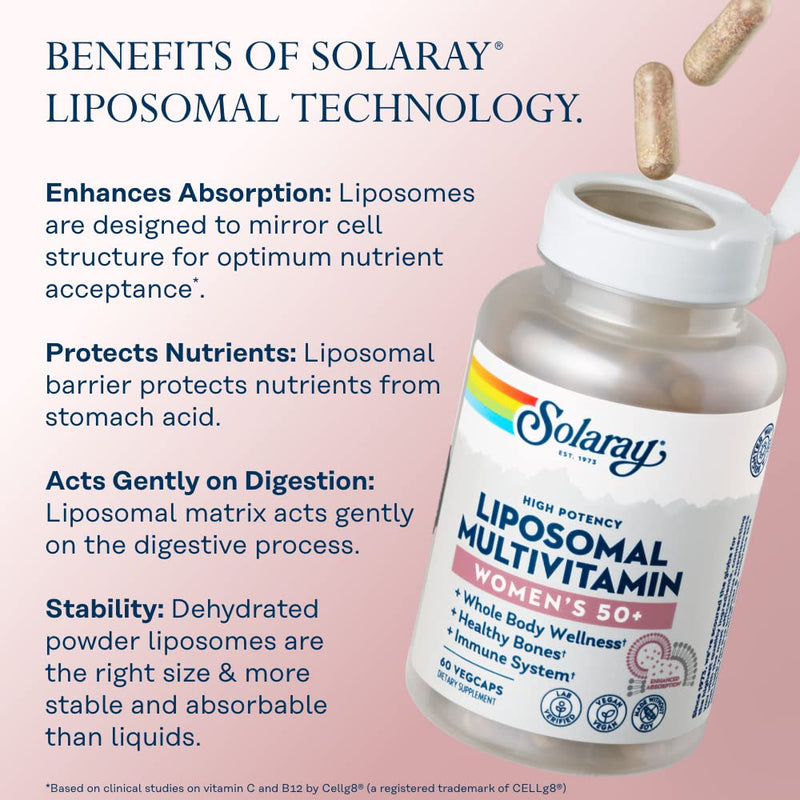 SOLARAY Liposomal Multivitamin Women 50+, 120 VegCaps | Women's 50+ Multivitamin, Enhanced Liposomal Absorption, Vitamins, Minerals, CoQ10 & CranActin, 60 Servings, Vegan 120 Count (Pack of 1) Women's 50+