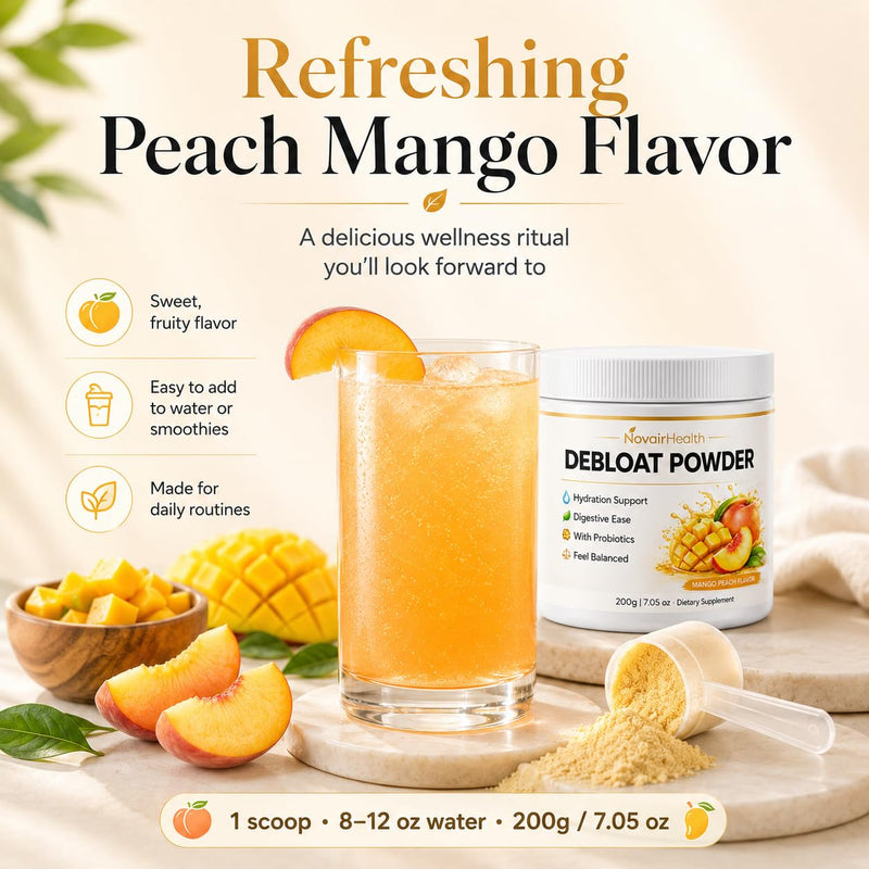 Debloat Powder, Face Debloat and Debloating Support for Men & Women, Digestive Enzymes with Vitamin C, Dandelion Root & Horsetail Extract, Non-GMO Peach Mango Flavor, 200g / 7.05 oz 1pc
