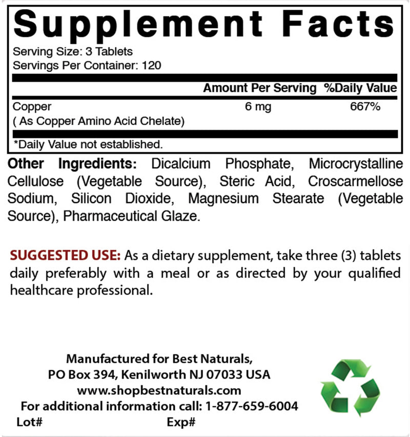 [Australia] - Best Naturals Copper Chelate 6 mg per Serving- 360 Tablets 