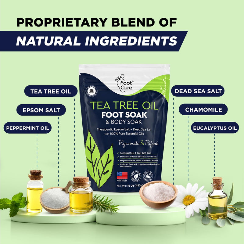 Tea Tree Oil Foot Soak with Epsom Salt - For Toenail Repair, Athletes Foot, Softens Calluses, Soothes Sore & Tired Feet, Nail Discoloration, odor Scent, Spa Pedicure Care - Made in USA 16 oz Tea Tree 16 Ounce (Pack of 1)