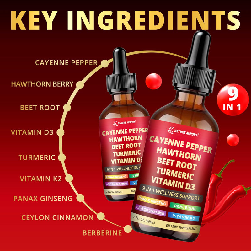 [Australia] - 9 in1 Cayenne Pepper Liquid Drops - Cayenne Pepper Extract Drops Supplement Liquid + Hawthorn Berry, Beetroot, Turmeric, Vitamin K2 & D3 - Digestion, Immune and Circulation Support - 2 Fl Oz 2.0 oz (Pack of 1) 
