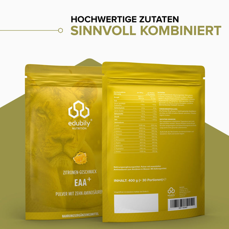 [Australia] - edubily nutrition® EAA powder • High-quality vegan amino acid complex made of 10 essential amino acids (EAAs) • Lemon flavor • Sweetened with stevia • 400 g lemon 