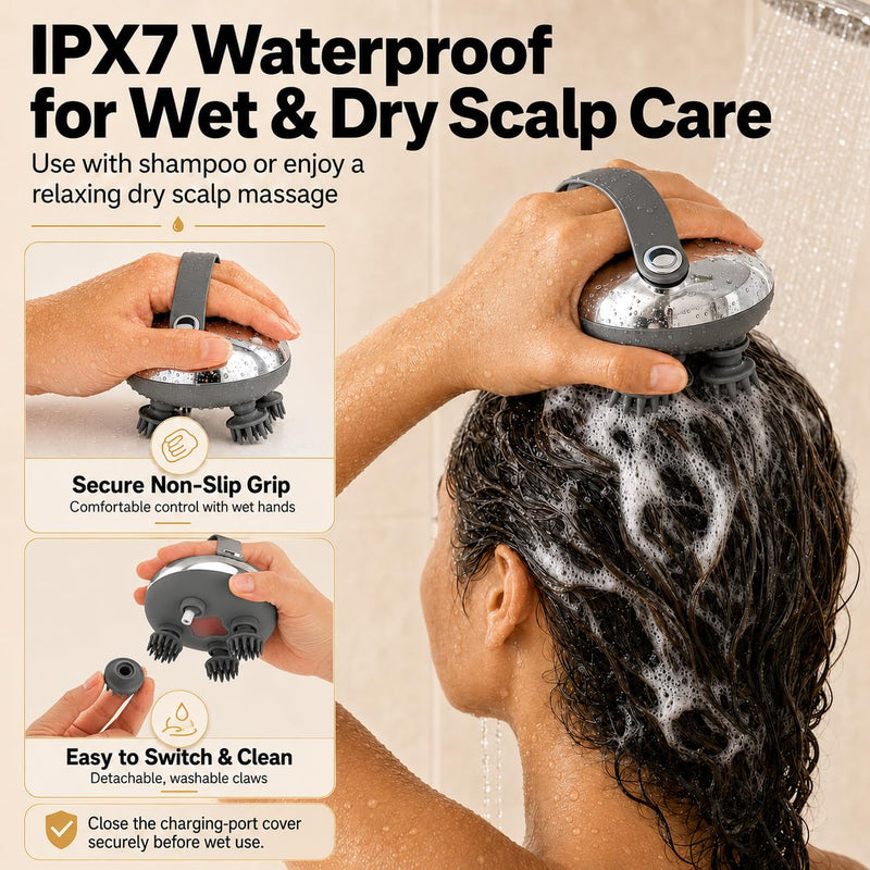 Melonsun Electric Scalp Massager, 2 Claw Sets, IPX7 Waterproof, Silver | Metallic Finish, Anti-Tangle 360° Kneading, 100 Nodes + 1,000+ Cleansing Tips, 3 Modes, USB-C Rechargeable, 15-Min Auto-Off