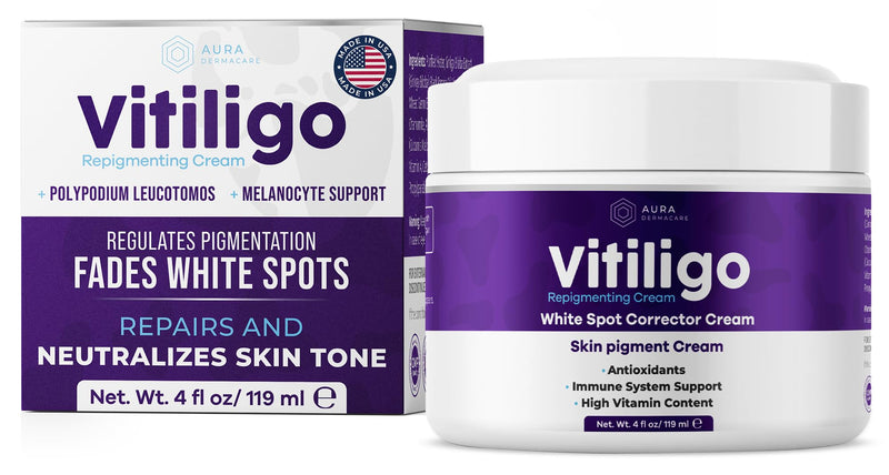 Vitiligo Cream for White Spots (8oz) - Repigmenting Cream with Polypodium Leucotomos and Melanocyte Support - Promotes Even Pigmentation by Aura Dermacare 4 Ounce (Pack of 2)